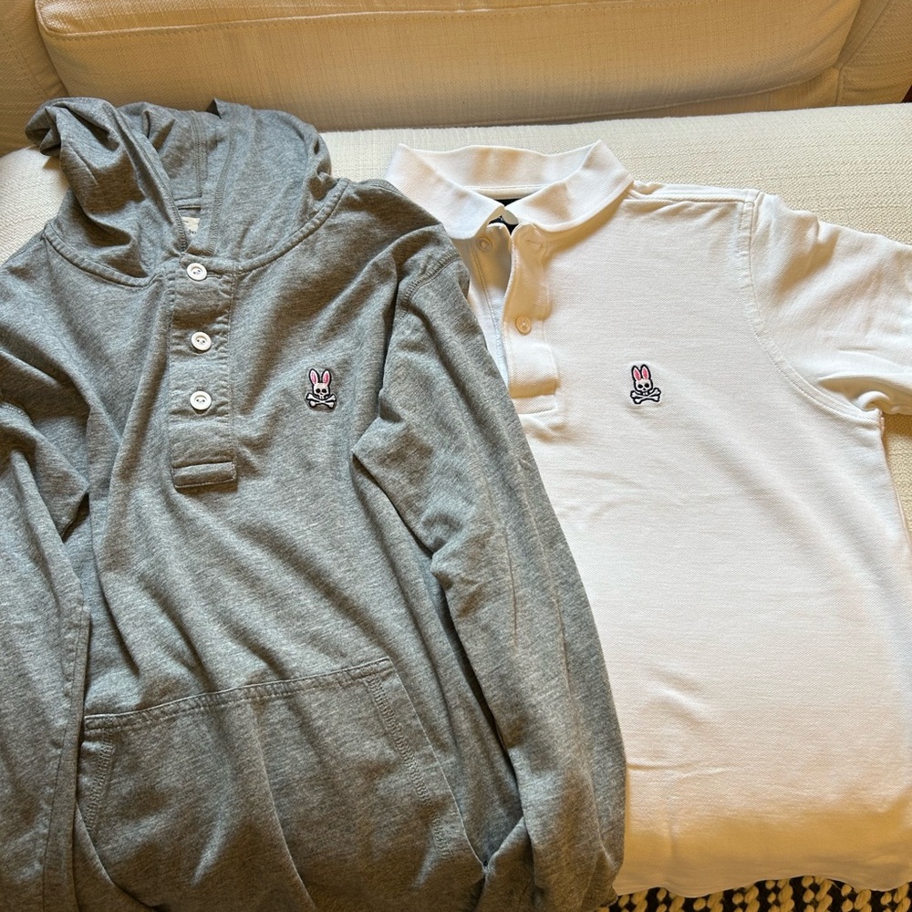 Psycho Bunny Gray Hoodie and White Polo Shirt, Boys Size L (14/16)